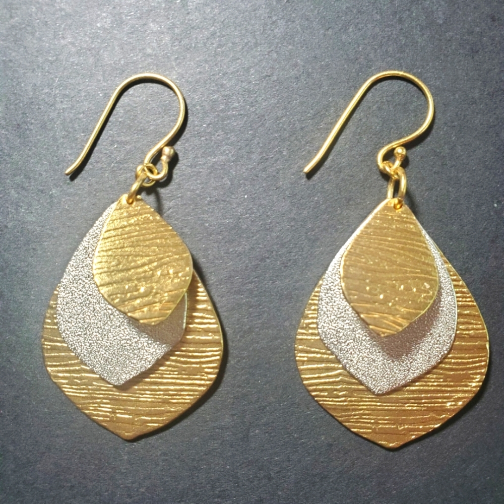 14k Gold & Silver Layered Drop Earrings with Etched Texture NWT